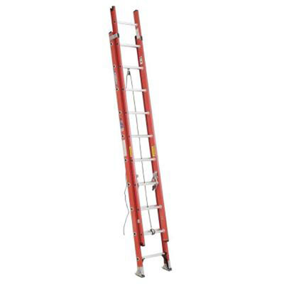 A red extension ladder leaning upright against a white background.