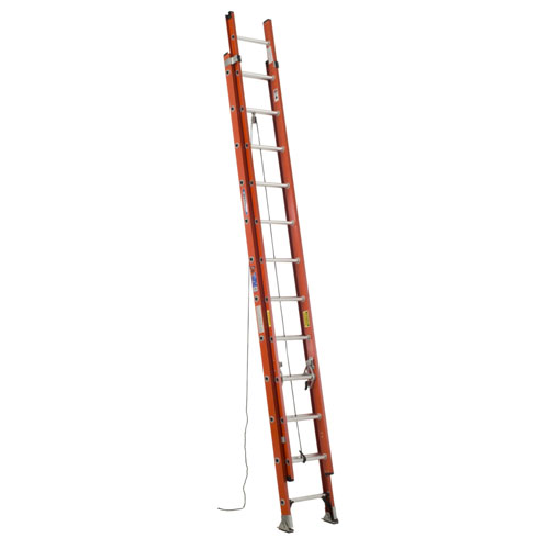 A tall, orange extension ladder leaning against a white background.