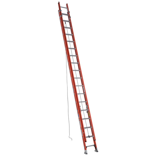 A tall, red extension ladder standing upright against a white background.