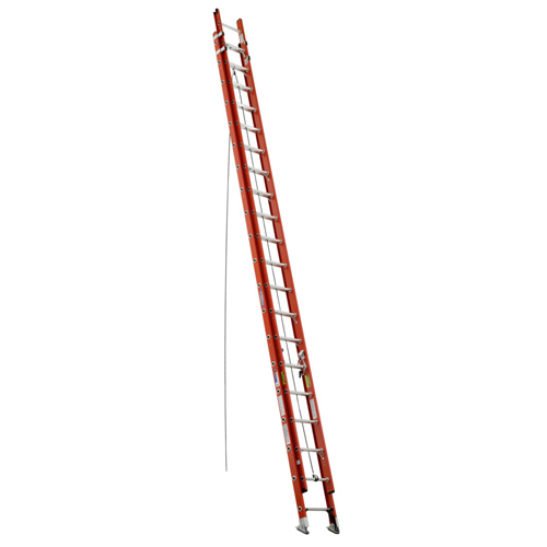 A tall, orange extension ladder leaning against a wall.