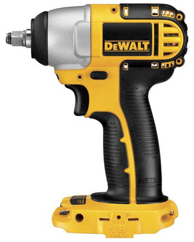A DeWALT cordless impact wrench with a black and yellow design, featuring a metal head and ergonomic grip.