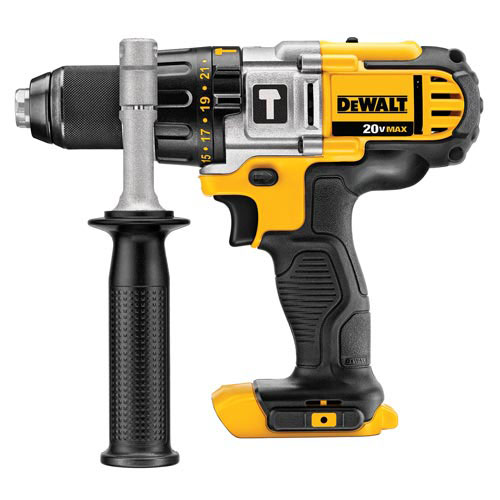 A DeWALT 20V MAX cordless drill with a black and yellow design, featuring a drill bit holder and a comfortable grip handle.