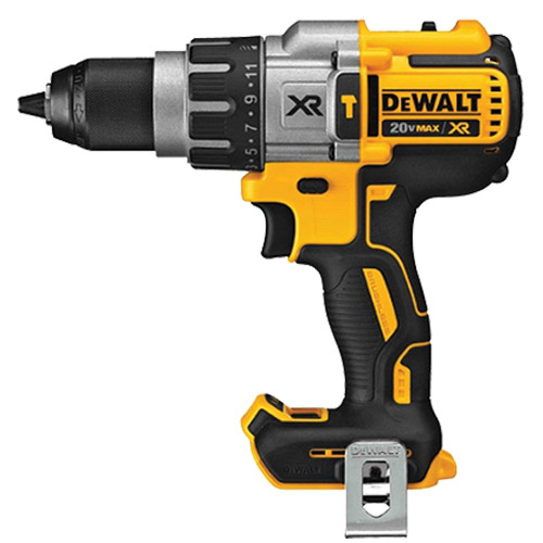 A Dewalt 20V MAX XR cordless drill with a black and yellow design, featuring a keyless chuck, speed settings, and a comfortable grip.