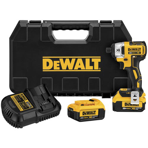 Dewalt 20V cordless impact driver set including a black carrying case, battery charger, and two batteries.