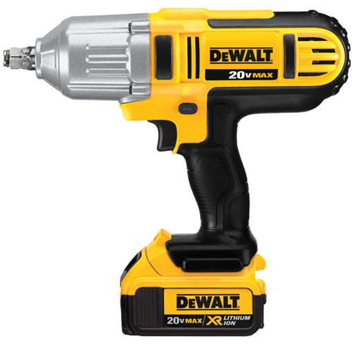A DeWALT 20V MAX cordless impact wrench featuring a silver metal head and a yellow and black body with a lithium-ion battery attached.