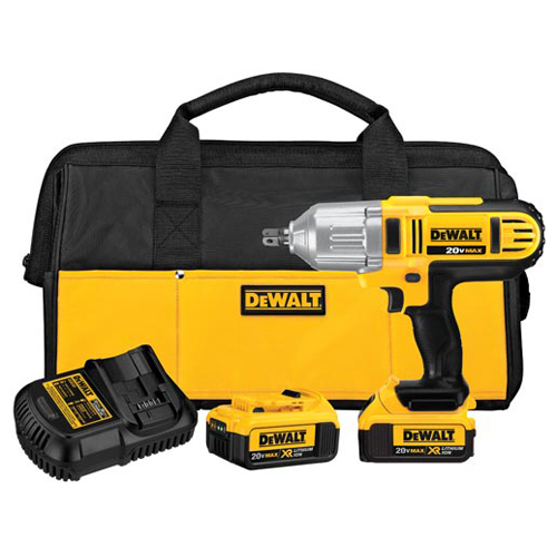 DeWALT 20V MAX cordless impact wrench kit including the wrench, two batteries, and a charger, all housed in a durable carrying case.