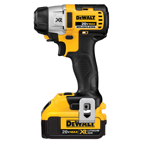 A Dewalt 20V MAX cordless brushless drill with a black and yellow design, featuring a lithium-ion battery.