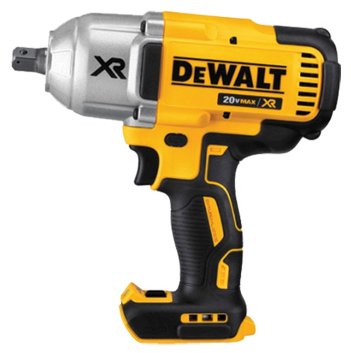 A DEWALT 20V MAX XR cordless impact wrench with a silver head and black and yellow body.