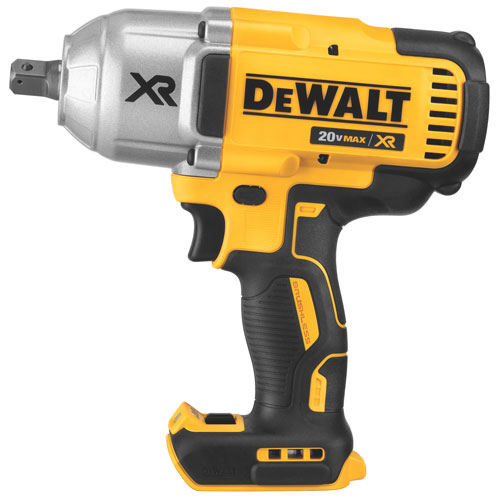 A DeWALT 20V MAX XR battery-powered impact wrench with a silver metallic head and yellow-black body, designed for high-torque fastening tasks.
