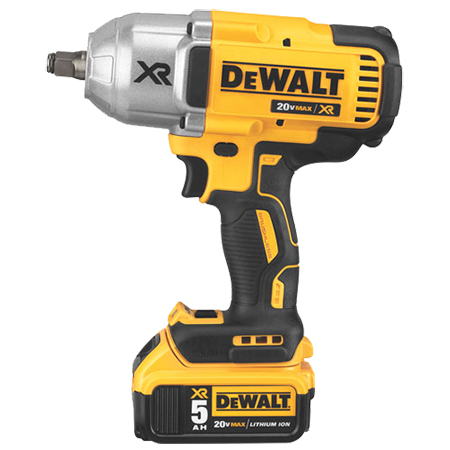 A DEWALT cordless impact wrench featuring a silver metal head, yellow and black body, and a 20V MAX lithium-ion battery.