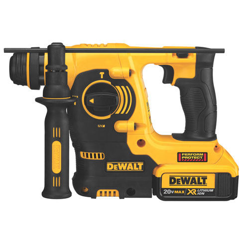 A DeWALT 20V MAX XR lithium-ion rotary hammer drill, featuring a black and yellow design, a side handle, and a trigger for operation.