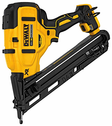 A yellow and black DEWALT cordless nail gun showcasing its design and features.