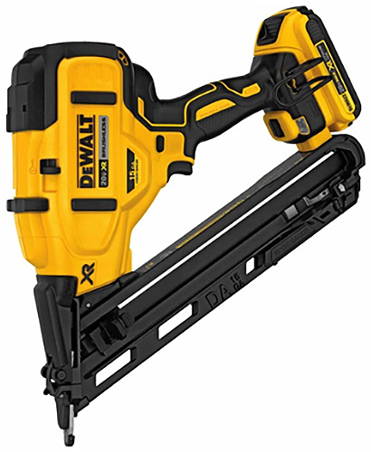 A DEWALT cordless nail gun featuring a black and yellow design, with a battery pack and a long, straight magazine for loading nails.
