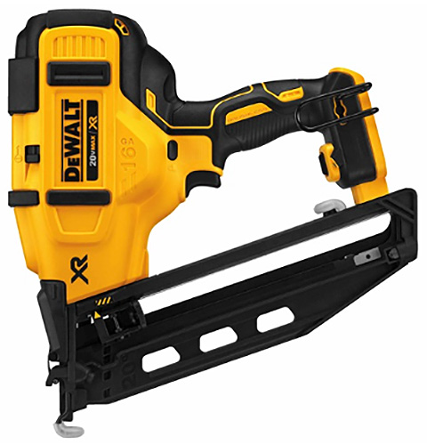 A DeWalt cordless nail gun in yellow and black, featuring a compact design and safety mechanisms.
