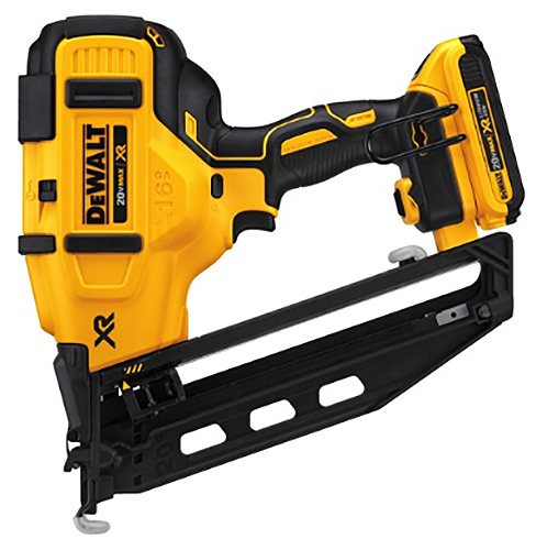A DEWALT cordless nail gun with black and yellow design, featuring a magazine for staples or nails.