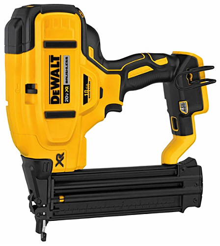 A Dewalt 20V XR cordless nail gun, featuring a bright yellow and black design, designed for precision nailing in various projects.