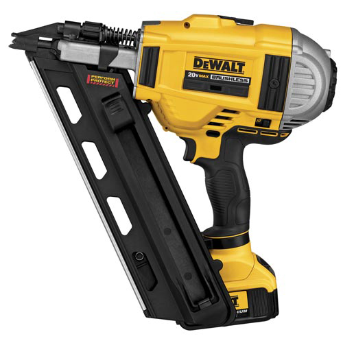 A DeWALT 20V Max brushless cordless nail gun with a sleek yellow and black design, featuring a long magazine and a safety trigger.