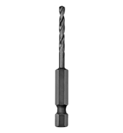 A black drill bit with a hexagonal shank and a spiral design for precise drilling.