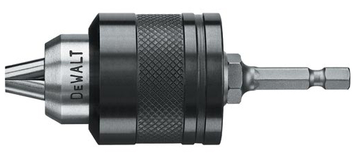 Close-up of a Dewalt drill chuck, featuring a textured grip and a hex shank.