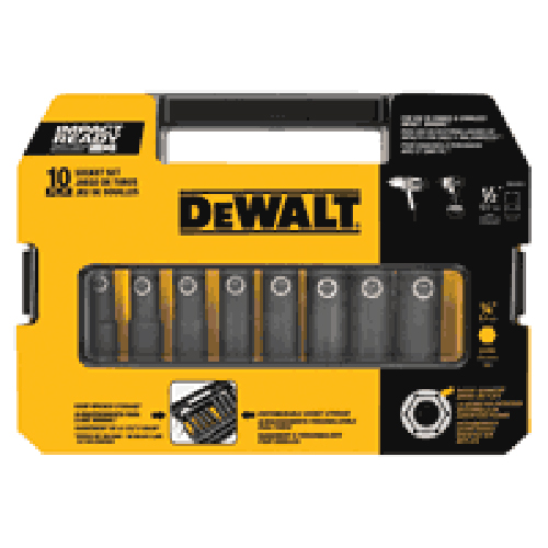 Dewalt 10-piece impact ratchet and socket set in a carrying case.