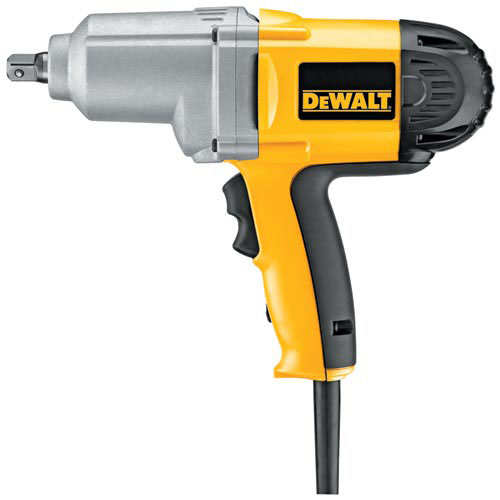 A DeWALT electric impact wrench with a yellow and black design and a detachable power cord.
