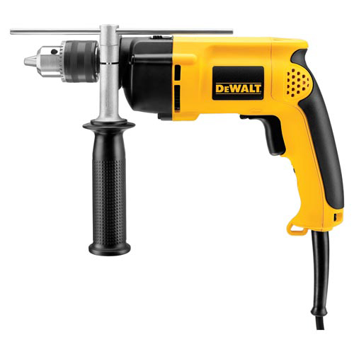 A DeWALT electric drill featuring a black and yellow design, with a side handle for better grip and control.