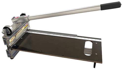 A paper cutter with a long handle, metallic cutting mechanism, and a flat base for stability.