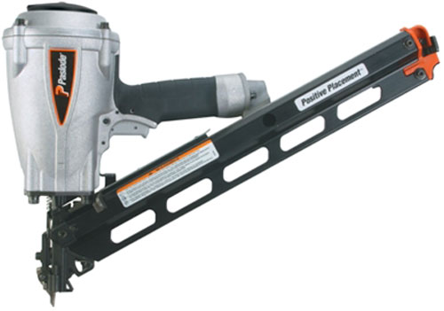 A pneumatic nail gun with a silver metallic body and black handle, featuring a long, narrow magazine for holding nails.