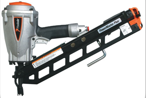 A PowerMaster Plus pneumatic nail gun with a silver and black body, designed for construction and woodworking applications.