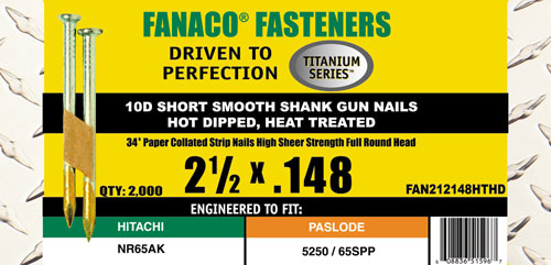 Packaging for FANACO Fasteners, featuring short smooth shank gun nails, hot dipped and heat treated, size 2.5 x 0.148 inches, suitable for Hitachi NR65AK and Paslode 5250/65SPP.