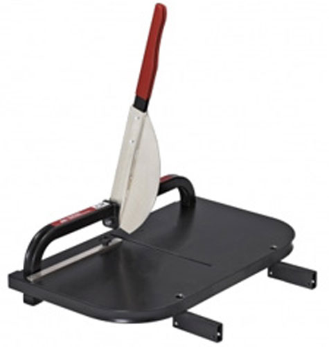 A paper cutter featuring a large metal blade and a red handle, mounted on a black base for cutting paper.