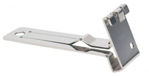 A metal bracket with a shiny finish, designed for mounting or supporting objects, featuring a hinge mechanism and a hole for easy installation.