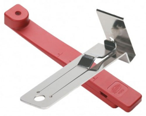 A red and silver tool designed for removing or replacing car door panels, featuring a metal scraper edge and a comfortable grip handle.