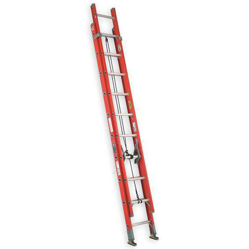 A red extension ladder with metal rungs, leaning against a surface.
