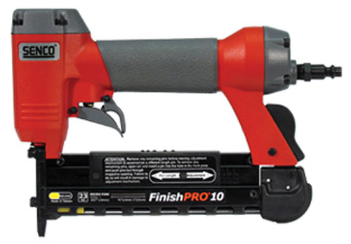 A Senco FinishPRO 10 air nailer with a red and gray body, designed for precision finishing tasks.