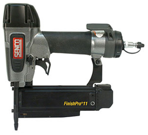 A Senco FinishPro 11 angled finish nail gun with a gray metallic body and black magazine.