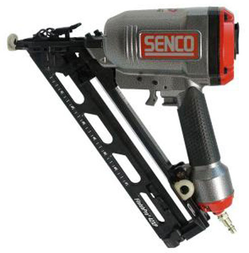 A Senco pneumatic nail gun featuring a metal body, ergonomic grip, and a long magazine for holding nails.