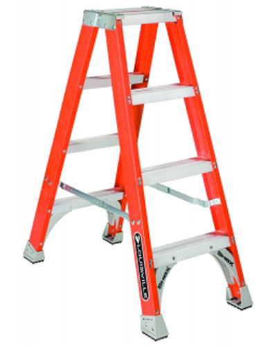 A bright orange step ladder with five steps, featuring an aluminum frame and sturdy rubber feet.