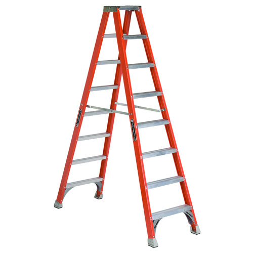 An orange A-frame ladder with multiple steps and a sturdy design.