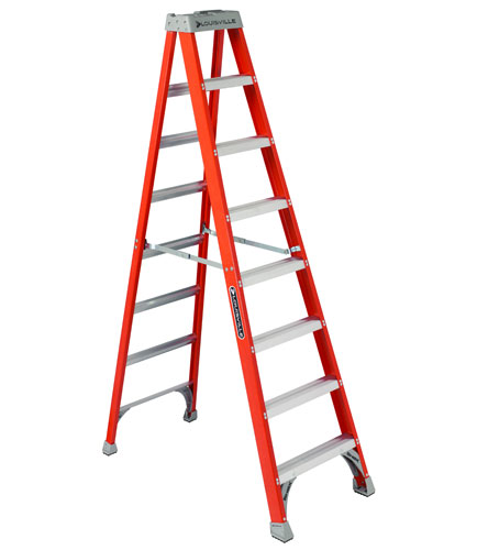A sturdy orange and silver step ladder with seven steps, designed for various height tasks.