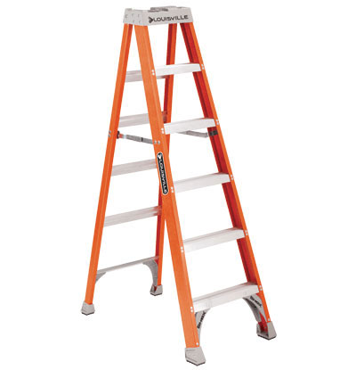 An orange step ladder with five steps and a sturdy design, ideal for various home and professional tasks.