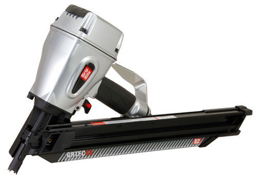 A heavy-duty pneumatic nail gun with a silver and black design, featuring a long magazine for holding nails.