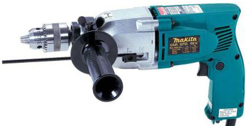 A Makita electric drill with variable speed and reverse function, featuring a metallic drill chuck and a blue plastic handle.