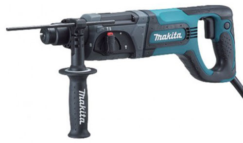 A Makita electric rotary hammer drill featuring a blue and black design, with a side handle and various control settings.