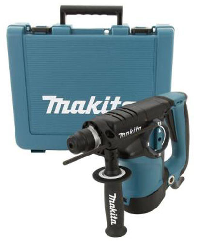 A Makita electric tool with a black and blue design, featuring a main handle and side handle, next to a sturdy carrying case with the Makita logo.