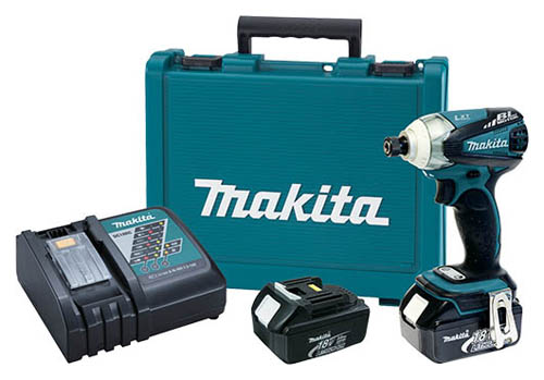 Makita cordless impact driver kit including an impact driver, two battery packs, a charger, and a carrying case.