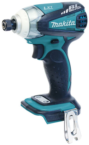 Makita cordless impact driver with a blue and black design, featuring a brushless motor and a rotating chuck.