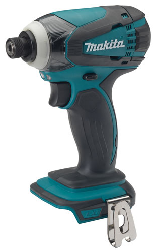 A close-up image of a Makita cordless impact driver, featuring a teal and black design with a visible chuck and battery base.