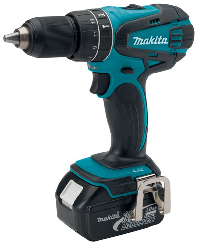 A cordless drill with a black and turquoise design, featuring a chuck for drill bits and a lithium-ion battery at the base.