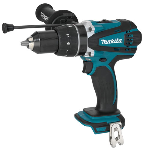 A Makita cordless drill with a black and teal design, featuring a keyless chuck, adjustable torque settings, and a handle for comfortable grip.